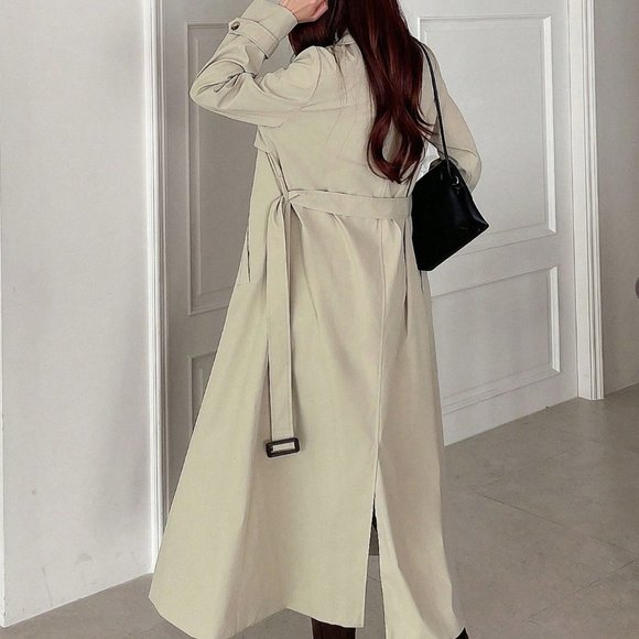 Khaki Elegant Womens Double Breasted Belted Trench Coat - Picture 4 of 5